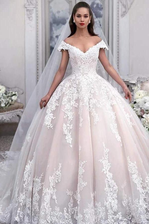 Long Ball Gown Off the Shoulder Tulle Wedding Dress with Appliques Lace by BIZTUNNEL