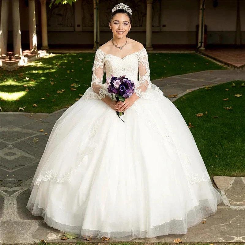 Long Ball Gown Off the Shoulder Tulle White Quinceanera Dress with Sleeves by BIZTUNNEL