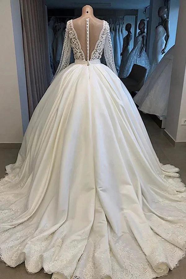 Long Ball Gown Satin V-neck Wedding Dress with Sleeves by BIZTUNNEL