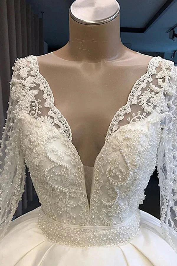 Long Ball Gown Satin V-neck Wedding Dress with Sleeves by BIZTUNNEL