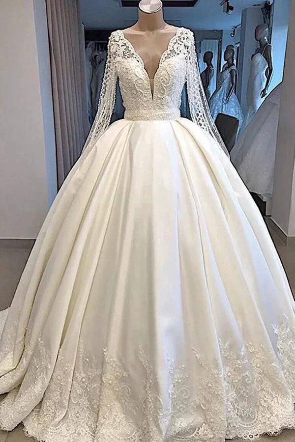 Long Ball Gown Satin V-neck Wedding Dress with Sleeves by BIZTUNNEL