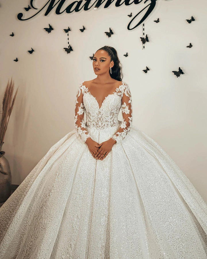 Long Ball Gown Sweetheart Appliques Lace Sequins Ruffles Wedding Dress with Sleeves by BIZTUNNEL