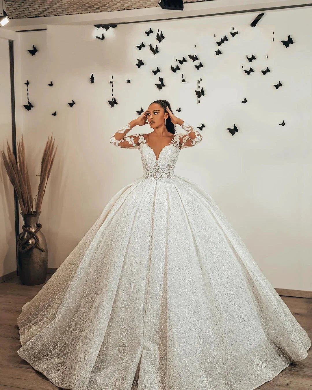 Long Ball Gown Sweetheart Appliques Lace Sequins Ruffles Wedding Dress with Sleeves by BIZTUNNEL