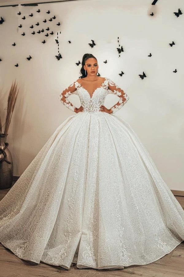 Long Ball Gown Sweetheart Appliques Lace Sequins Ruffles Wedding Dress with Sleeves by BIZTUNNEL