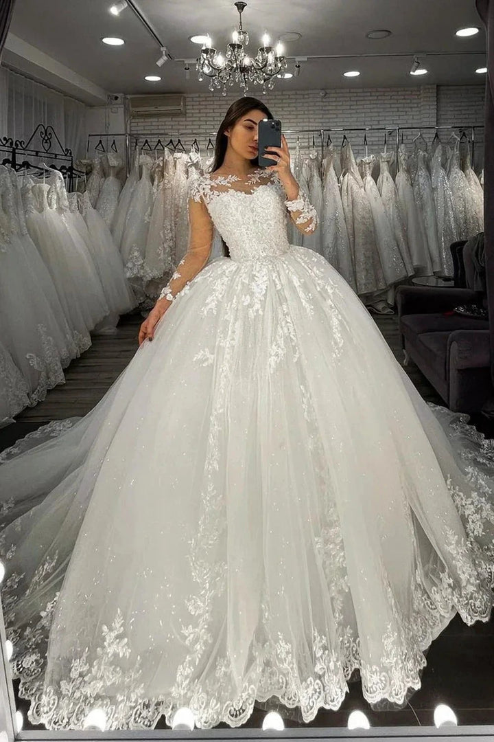Long Ball Gown Sweetheart Appliques Lace Tulle Wedding Dress with Sleeves by BIZTUNNEL