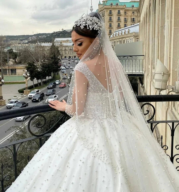 Long Ball Gown Sweetheart Off-the-Shoulder Backless Pearl Beading Ruffles Tulle Wedding Dress by BIZTUNNEL