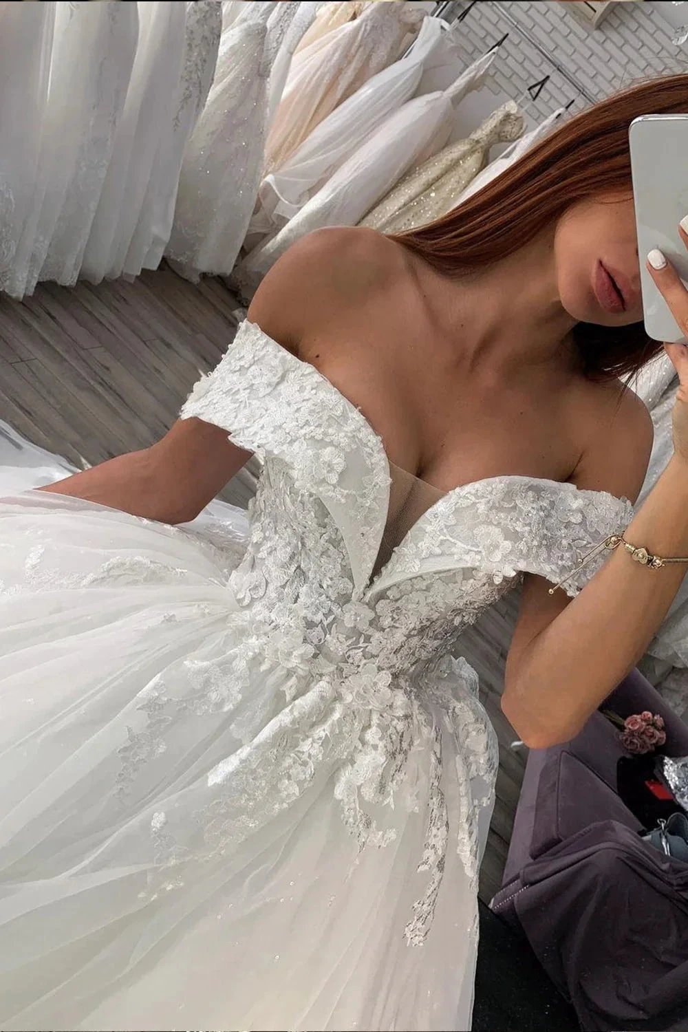 Long Ball Gown Sweetheart Off The Shoulder Satin Wedding Dress by BIZTUNNEL