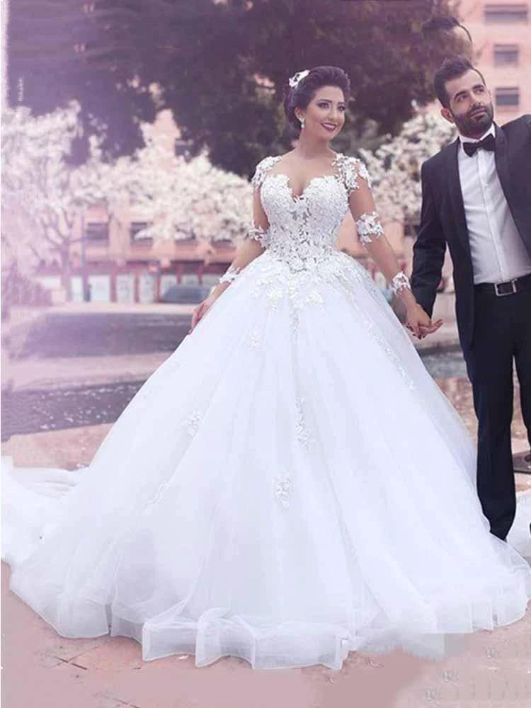Long Ball Gown Sweetheart Tulle Lace Wedding Dresses with Sleeves by BIZTUNNEL