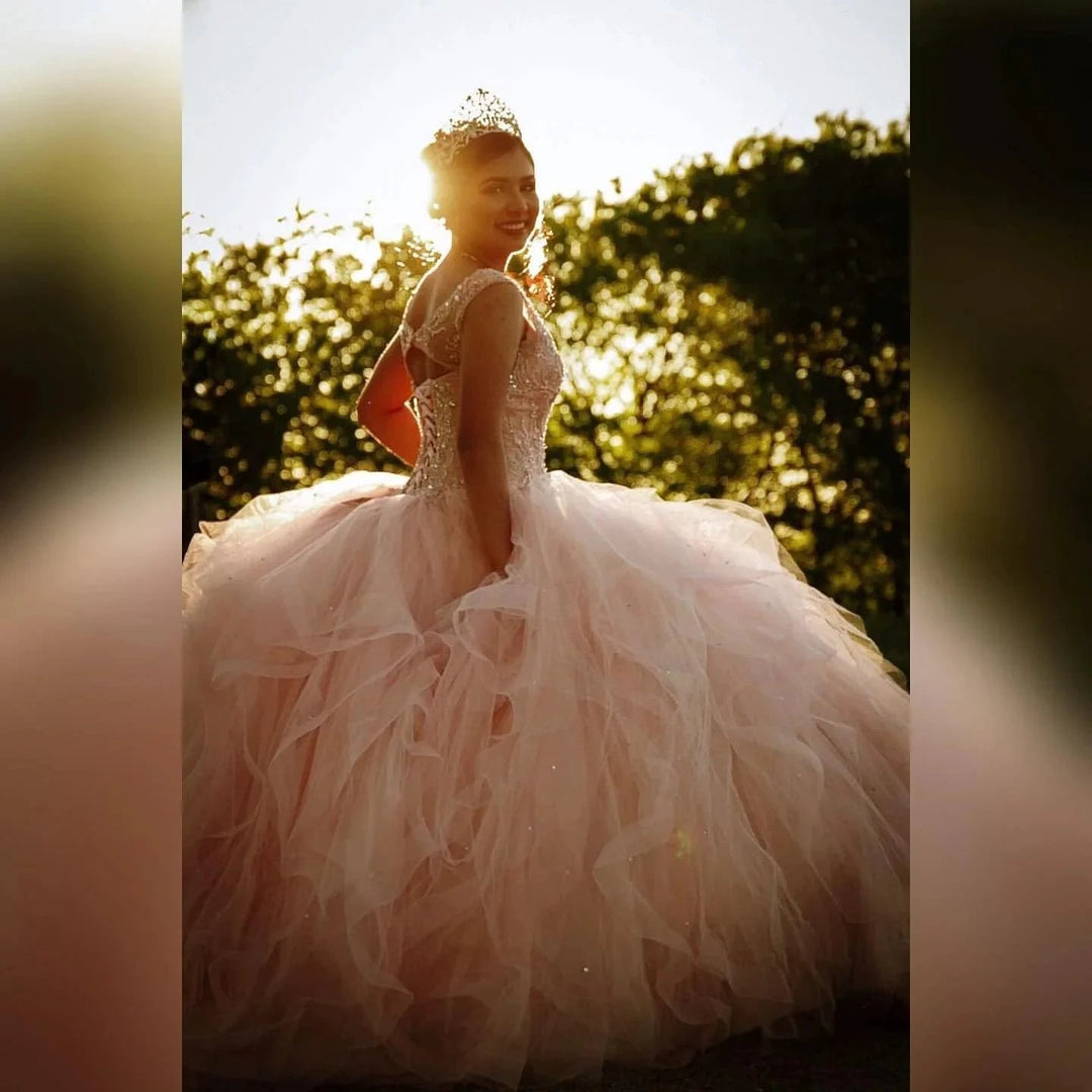 Long Ball Gown V-neck Tulle Quinceanera Dress by BIZTUNNEL