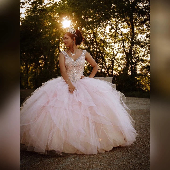 Long Ball Gown V-neck Tulle Quinceanera Dress by BIZTUNNEL