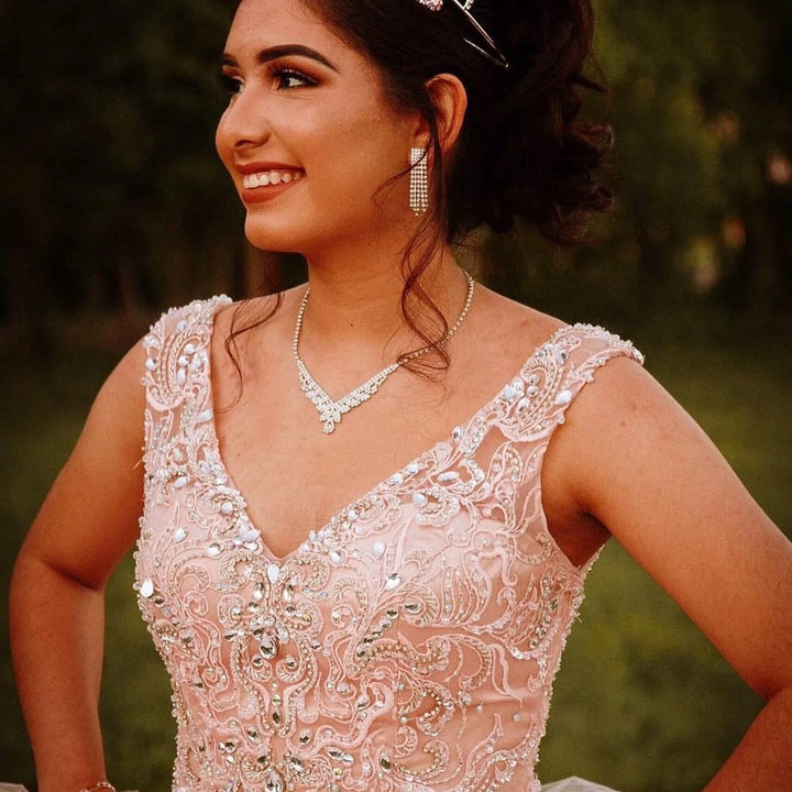 Long Ball Gown V-neck Tulle Quinceanera Dress by BIZTUNNEL