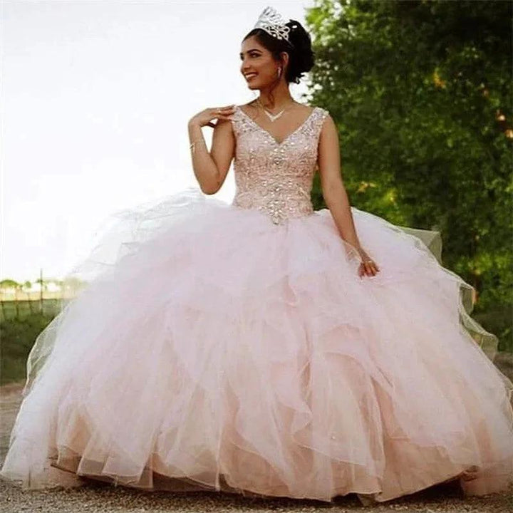 Long Ball Gown V-neck Tulle Quinceanera Dress by BIZTUNNEL