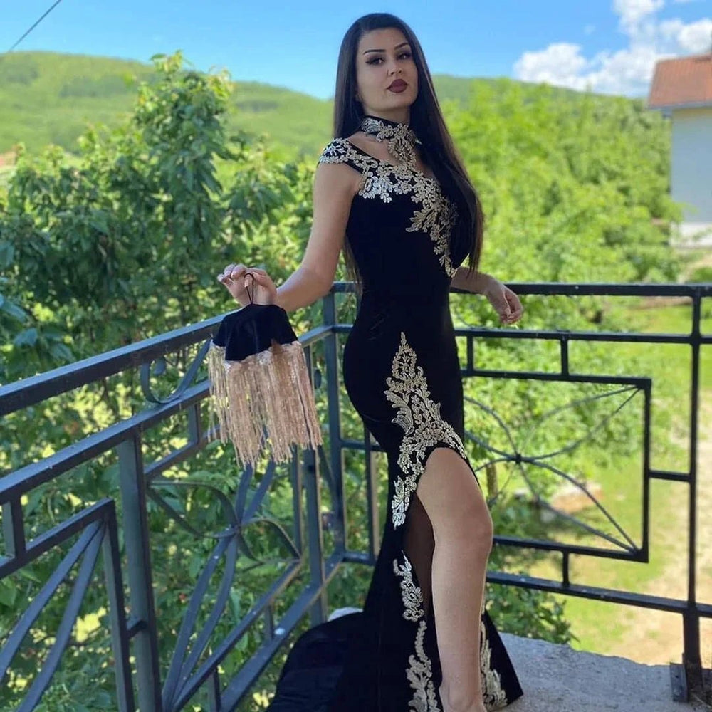 Long Black Mermaid High Neck Appliques Lace Velvet Prom Dress With Slit by BIZTUNNEL