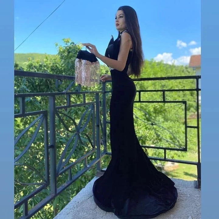 Long Black Mermaid High Neck Appliques Lace Velvet Prom Dress With Slit by BIZTUNNEL
