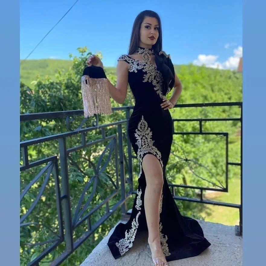 Long Black Mermaid High Neck Appliques Lace Velvet Prom Dress With Slit by BIZTUNNEL