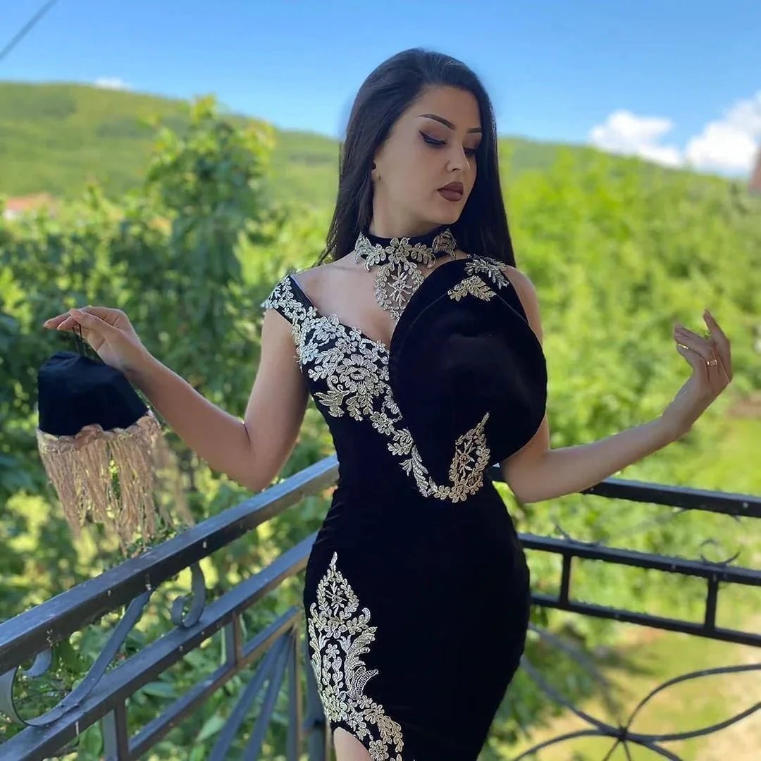 Long Black Mermaid High Neck Appliques Lace Velvet Prom Dress With Slit by BIZTUNNEL