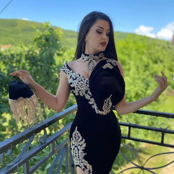 Long Black Mermaid High Neck Appliques Lace Velvet Prom Dress With Slit by BIZTUNNEL