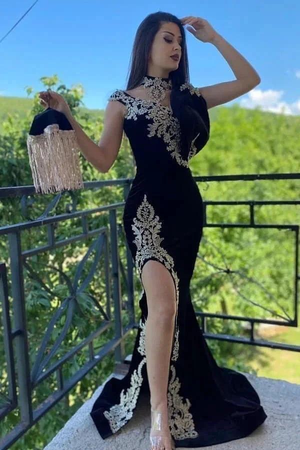 Long Black Mermaid High Neck Appliques Lace Velvet Prom Dress With Slit by BIZTUNNEL