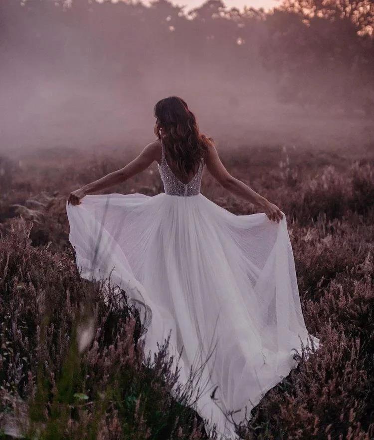 Long Boho A-line V-neck Chiffon Tulle Glitter Open Back Wedding Dress by BIZTUNNEL