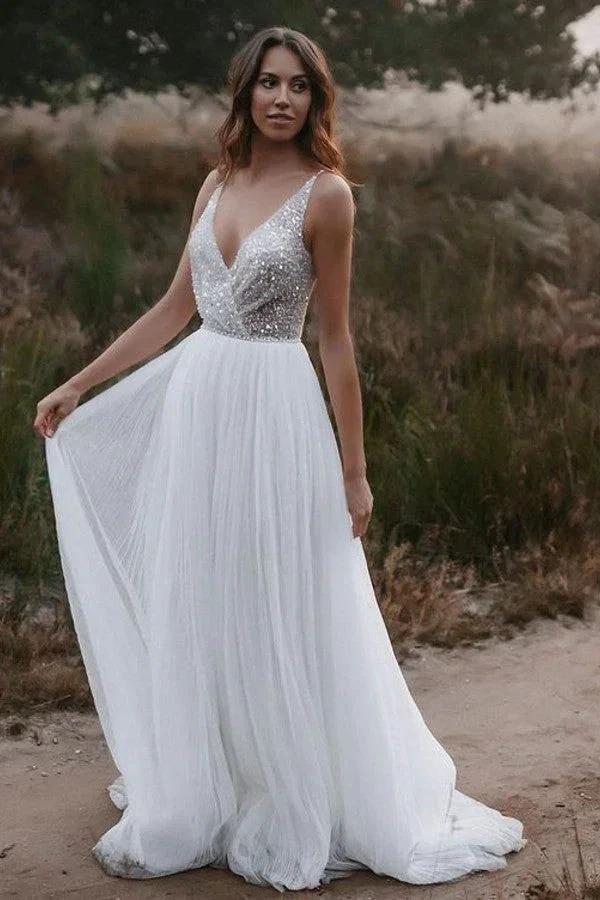 Long Boho A-line V-neck Chiffon Tulle Glitter Open Back Wedding Dress by BIZTUNNEL