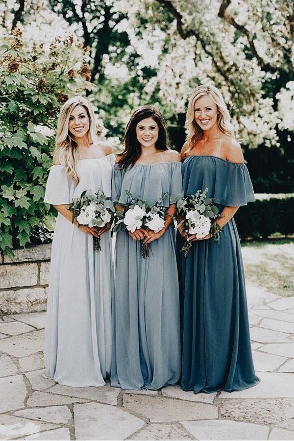 Long Chiffon Off The Shoulder Slate Gray Bridesmaid Dresses BD077 by pgmdress