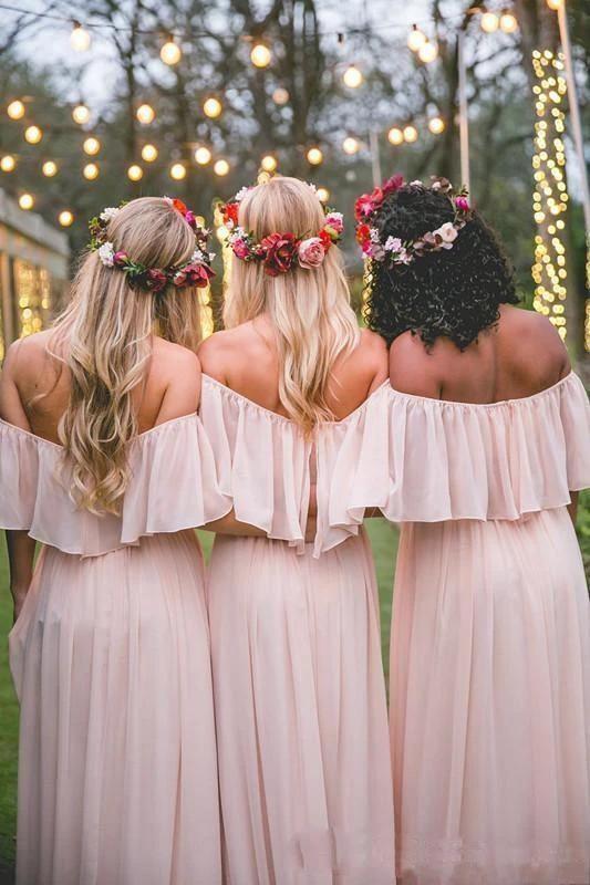 Long Chiffon Off The Shoulder Slate Gray Bridesmaid Dresses BD077 by pgmdress