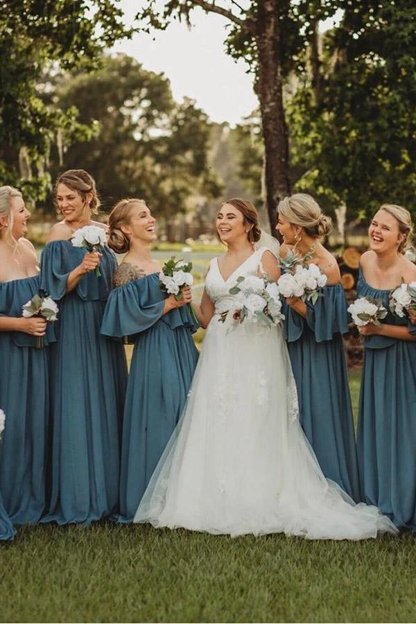 Long Chiffon Off The Shoulder Slate Gray Bridesmaid Dresses BD077 by pgmdress