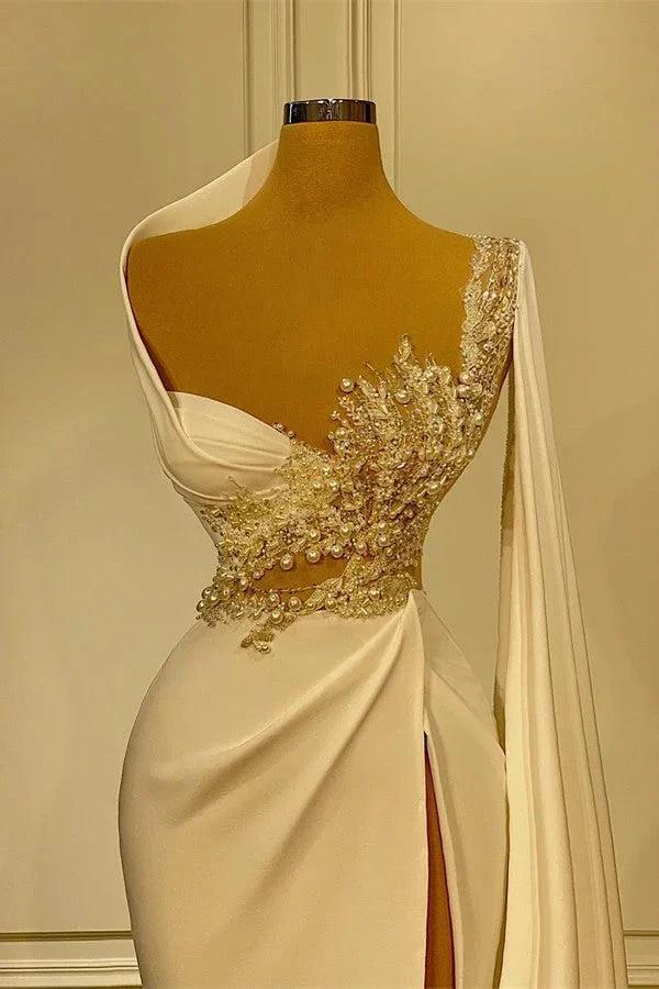 Long Mermaid Asymmetrical Ruffles Beading Satin Prom Dress With High Slit by BIZTUNNEL