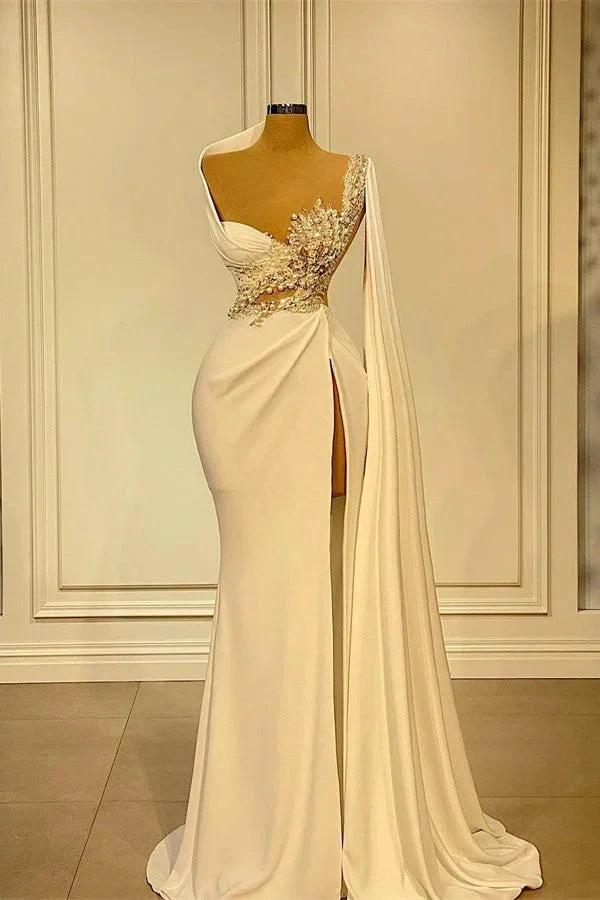 Long Mermaid Asymmetrical Ruffles Beading Satin Prom Dress With High Slit by BIZTUNNEL
