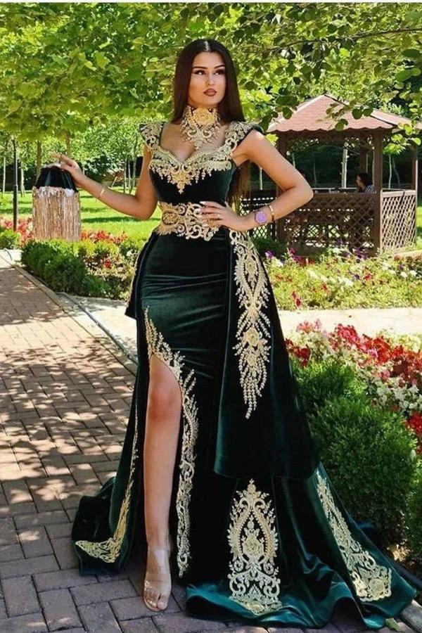 Long Mermaid Dark Green Evening Dresses with Gold Lace appliques by BIZTUNNEL