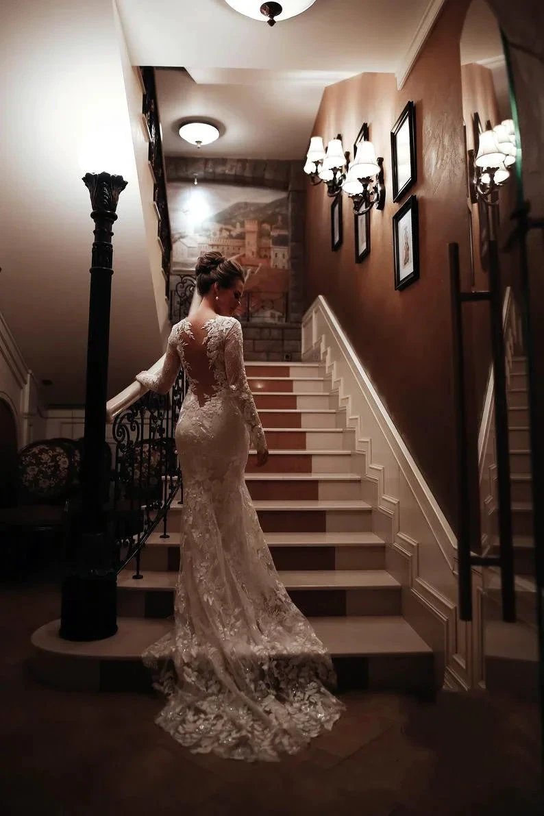 Long Mermaid High Neck Appliques Lace Backless Wedding Dress with Sleeves by BIZTUNNEL