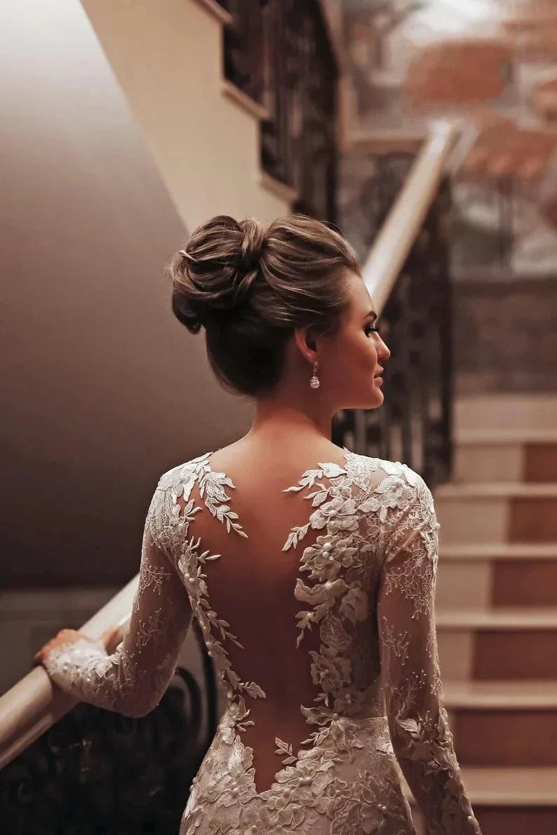Long Mermaid High Neck Appliques Lace Backless Wedding Dress with Sleeves by BIZTUNNEL