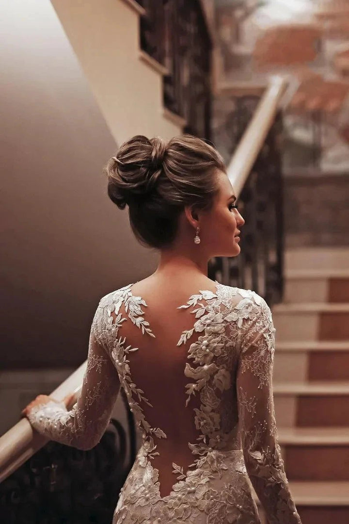 Long Mermaid High Neck Appliques Lace Backless Wedding Dress with Sleeves by BIZTUNNEL