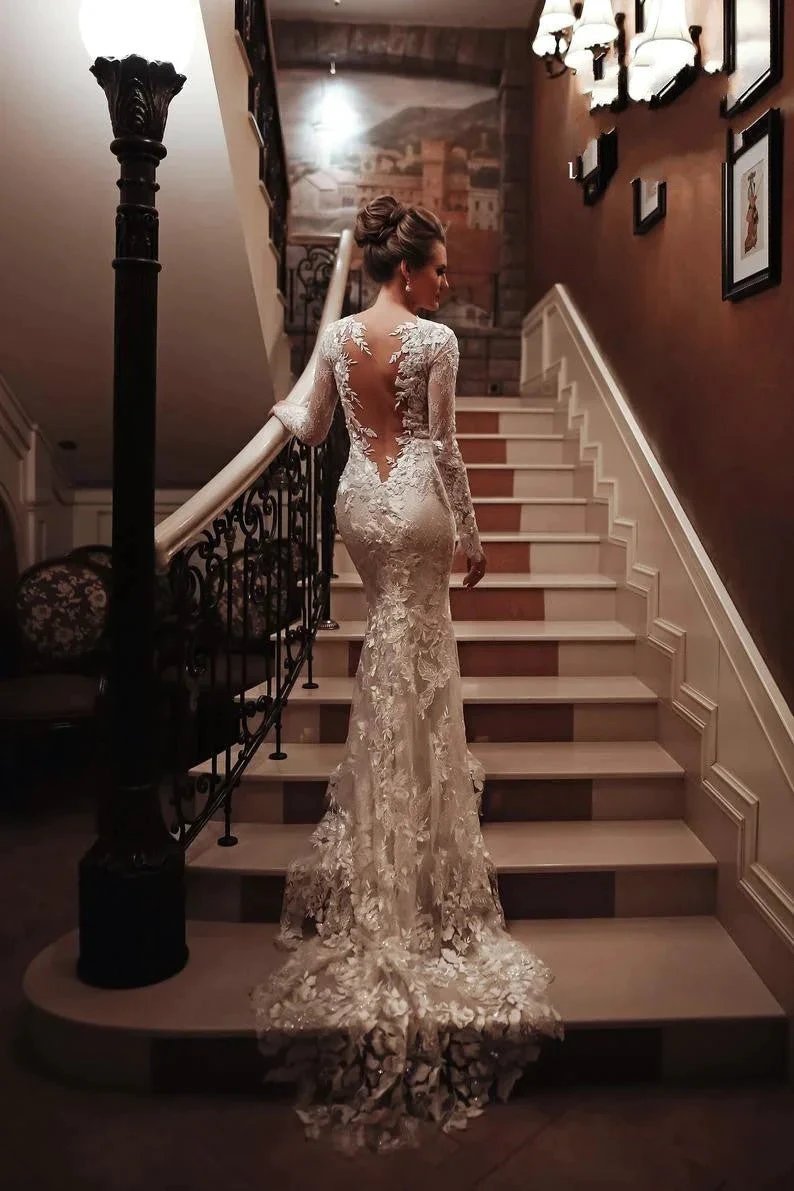 Long Mermaid High Neck Appliques Lace Backless Wedding Dress with Sleeves by BIZTUNNEL