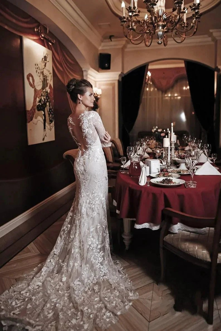 Long Mermaid High Neck Appliques Lace Backless Wedding Dress with Sleeves by BIZTUNNEL
