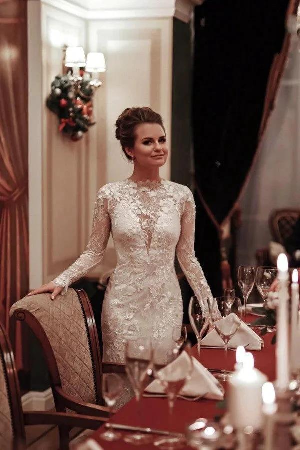 Long Mermaid High Neck Appliques Lace Backless Wedding Dress with Sleeves by BIZTUNNEL
