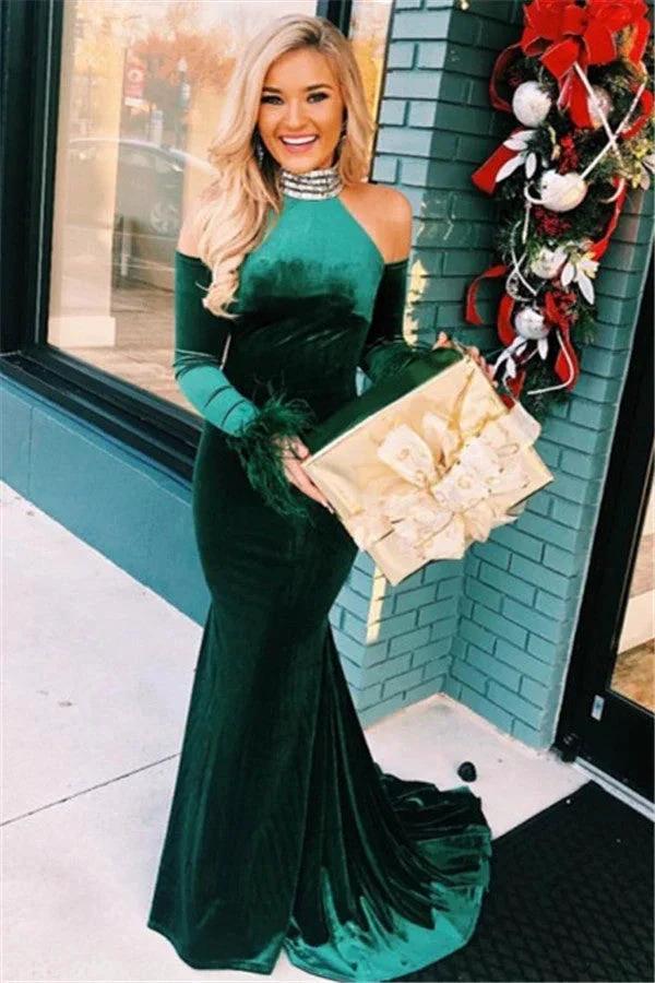 Long Mermaid High Neck Green Velvet Prom Dress by BIZTUNNEL