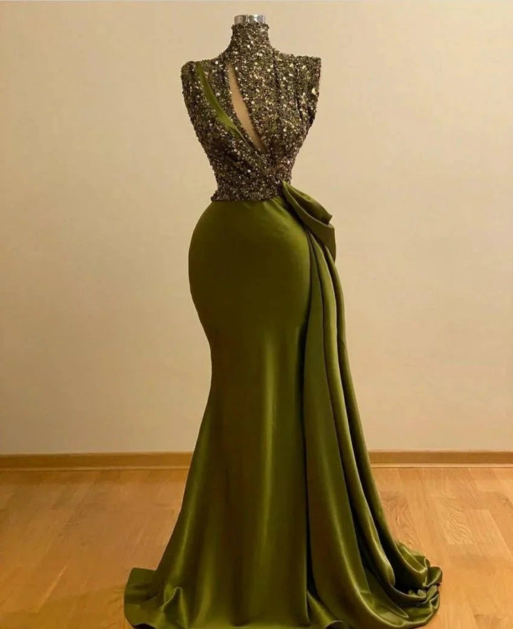 Long Mermaid High Neck Prom Dress Sequins With Ruffle by BIZTUNNEL