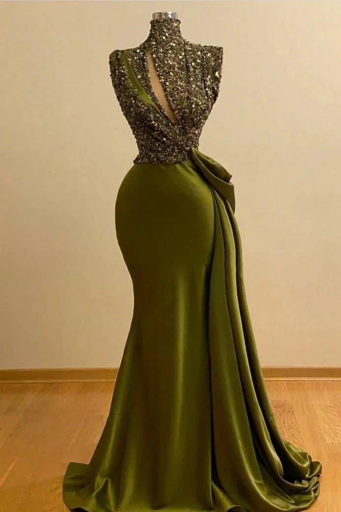 Long Mermaid High Neck Prom Dress Sequins With Ruffle by BIZTUNNEL