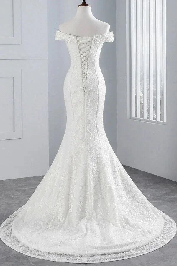 Long Mermaid Lace Off Shoulder Lace-up Wedding Dress by BIZTUNNEL