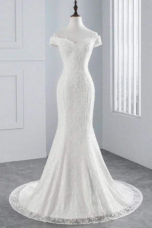 Long Mermaid Lace Off Shoulder Lace-up Wedding Dress by BIZTUNNEL