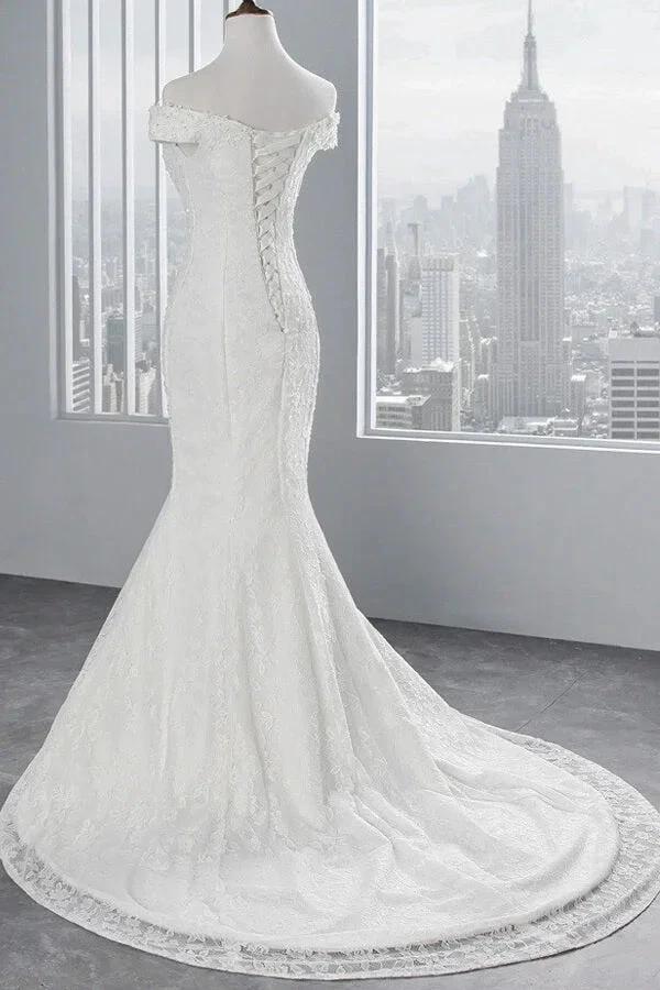 Long Mermaid Lace Off Shoulder Lace-up Wedding Dress by BIZTUNNEL