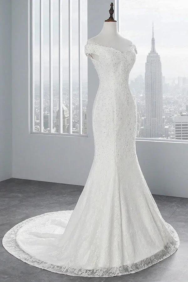 Long Mermaid Lace Off Shoulder Lace-up Wedding Dress by BIZTUNNEL