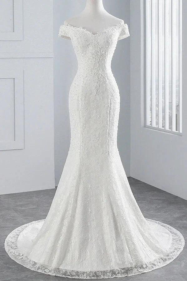 Long Mermaid Lace Off Shoulder Lace-up Wedding Dress by BIZTUNNEL