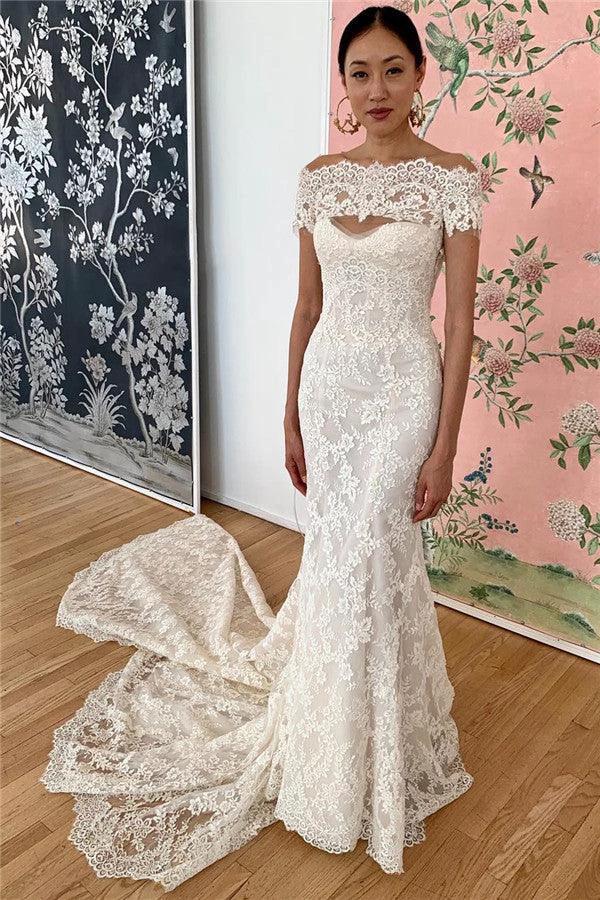 Long Mermaid Lace Off-the-shoulder Wedding Dresses by BIZTUNNEL