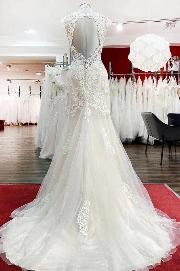 Long Mermaid Lace Sweetheart Open Back Wedding Dress with Appliques Lace by BIZTUNNEL
