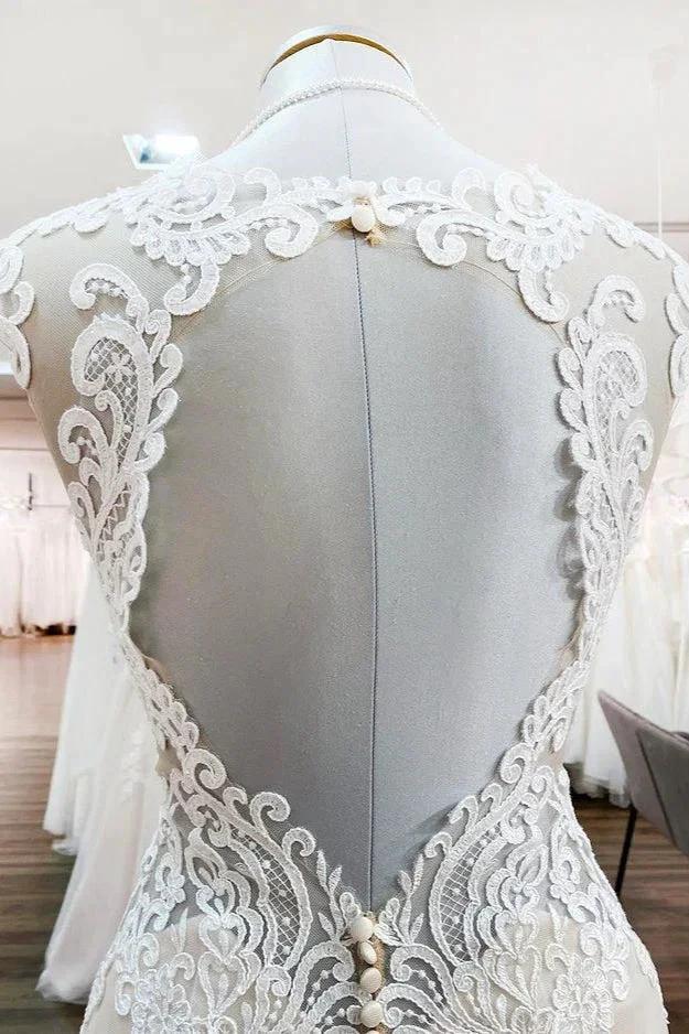 Long Mermaid Lace Sweetheart Open Back Wedding Dress with Appliques Lace by BIZTUNNEL