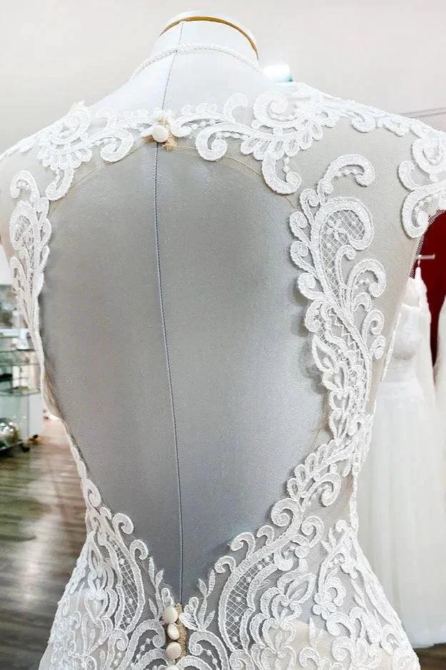 Long Mermaid Lace Sweetheart Open Back Wedding Dress with Appliques Lace by BIZTUNNEL
