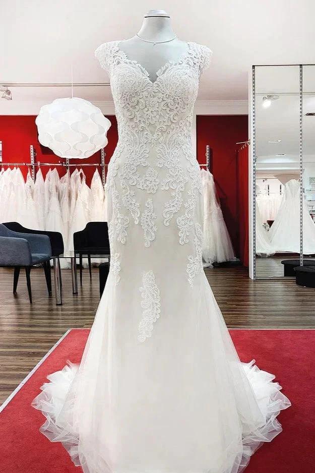 Long Mermaid Lace Sweetheart Open Back Wedding Dress with Appliques Lace by BIZTUNNEL