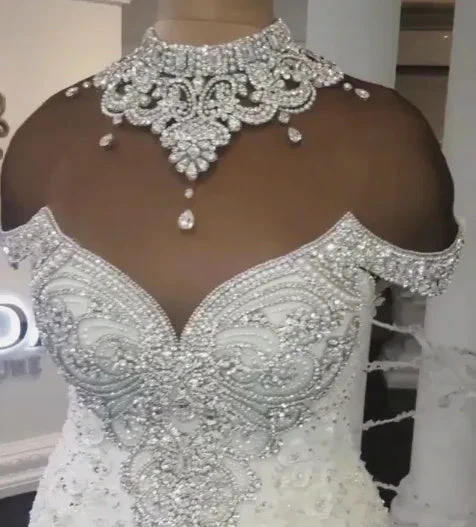 Long Mermaid Off-the-Shoulder Appliques Crystals Wedding Dress by BIZTUNNEL